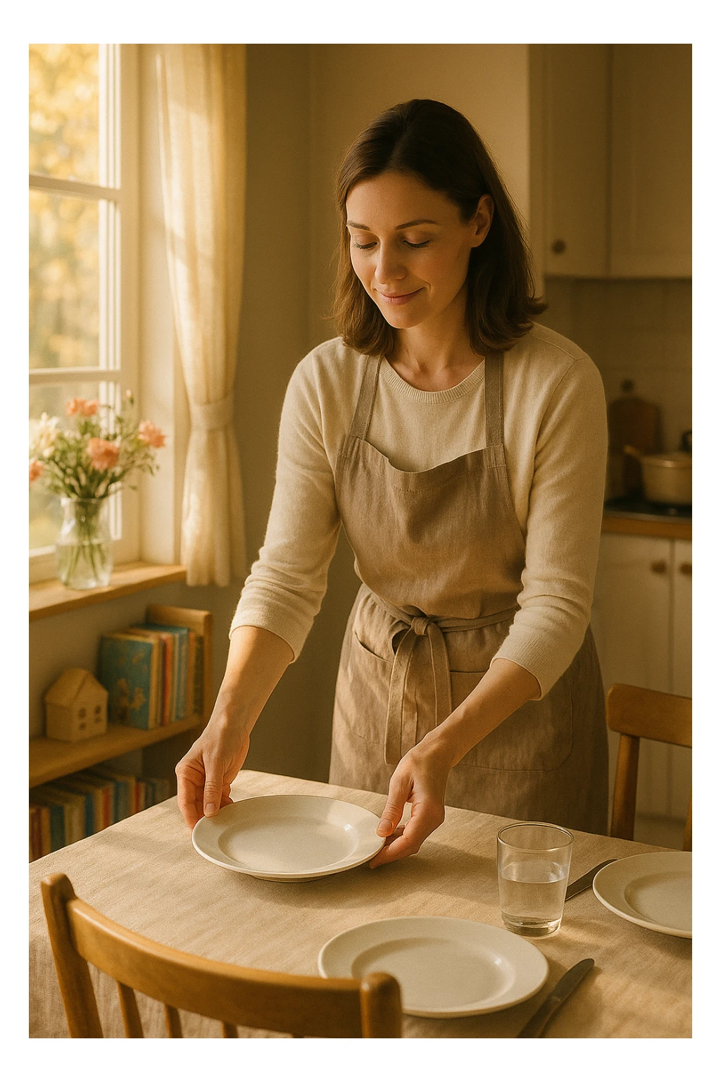 "Donna tra i 30 e i 40 anni, all’interno della sua casa luminosa, mentre prepara la tavola o accudisce i figli con un’espressione dolce e serena. Indossa abiti semplici e curati, simbolo di cura e presenza. Sullo sfondo si vedono dettagli di una casa armoniosa: fiori freschi, libri per bambini, un pranzo in preparazione. La scena trasmette calore, dedizione e stabilità familiare. Elementi visivi di supporto: luce solare che entra dalla finestra, atmosfera calda e rassicurante. Stile realistico con toni caldi e tenui sticker