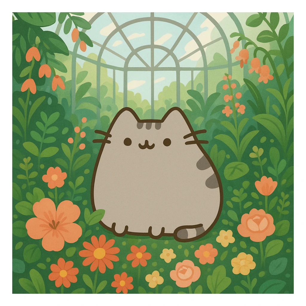 pusheen cat surrounded by flowers in a botanical garden greenhouse sticker