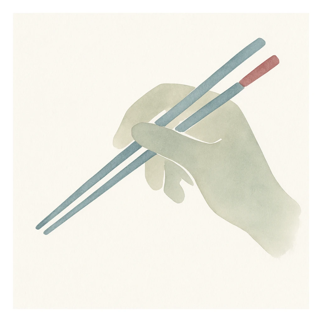olive colored hand holding chopsticks, watercolor illustration sticker