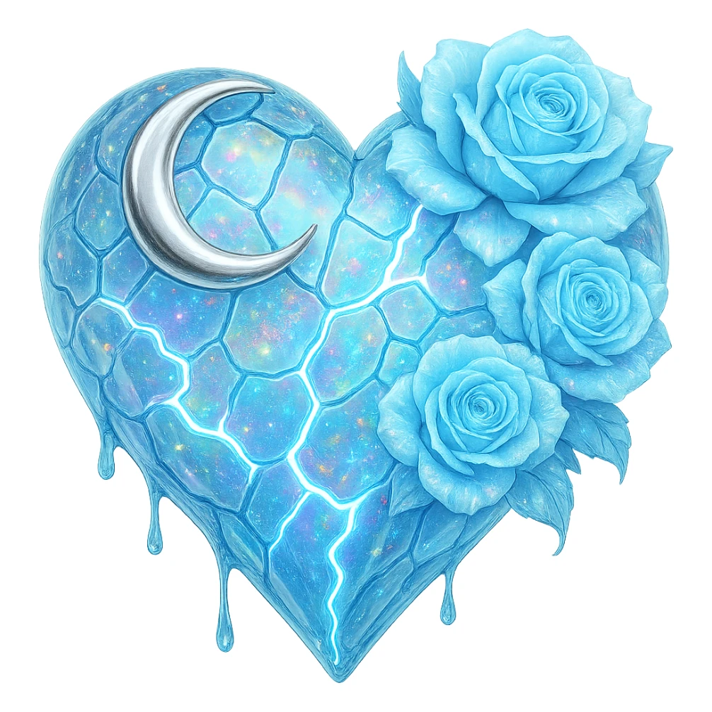 Edit the gothic heart to use fractured light blue glass, a silver crescent moon, light blue roses, iridescent holographic stardust, neon lightning bolts, and a wet, shiny finish. Keep the background transparent. sticker