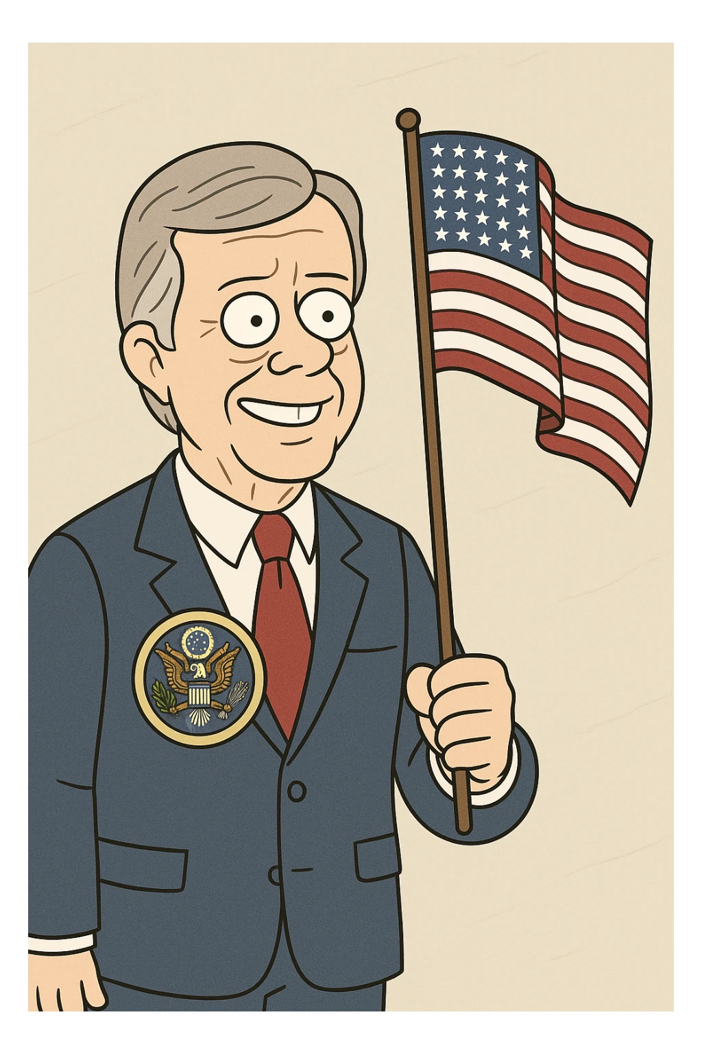 US President Carter  wearing a blue suit with a large US badge on his chest holding an American Flag sticker