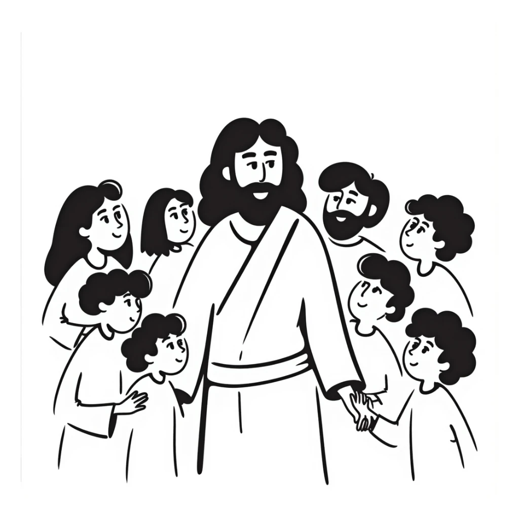 Jesus surrounded by his disciples and followers, peaceful gathering sticker