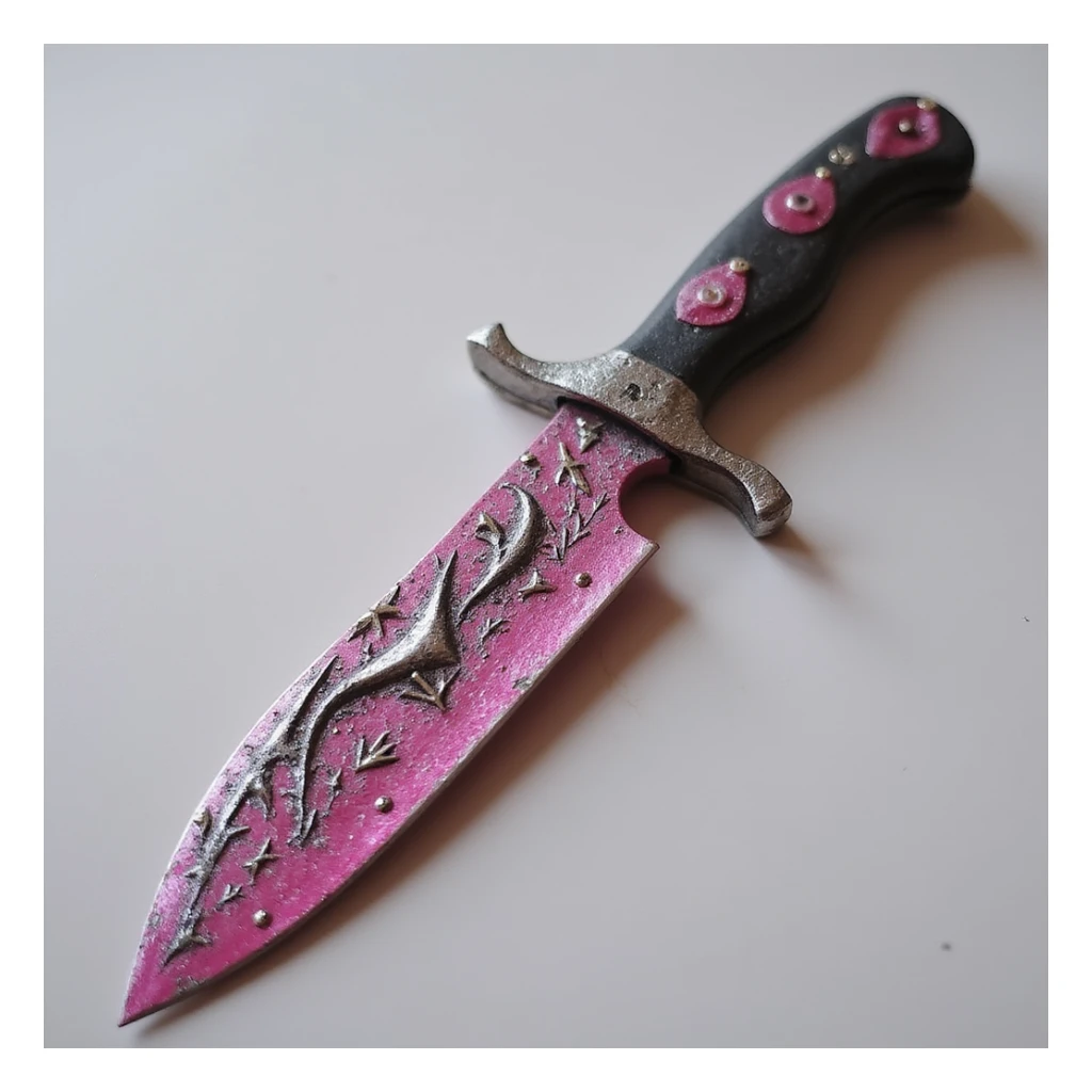 realistic gothic knife, pink and silver, photorealistic style, no background sticker