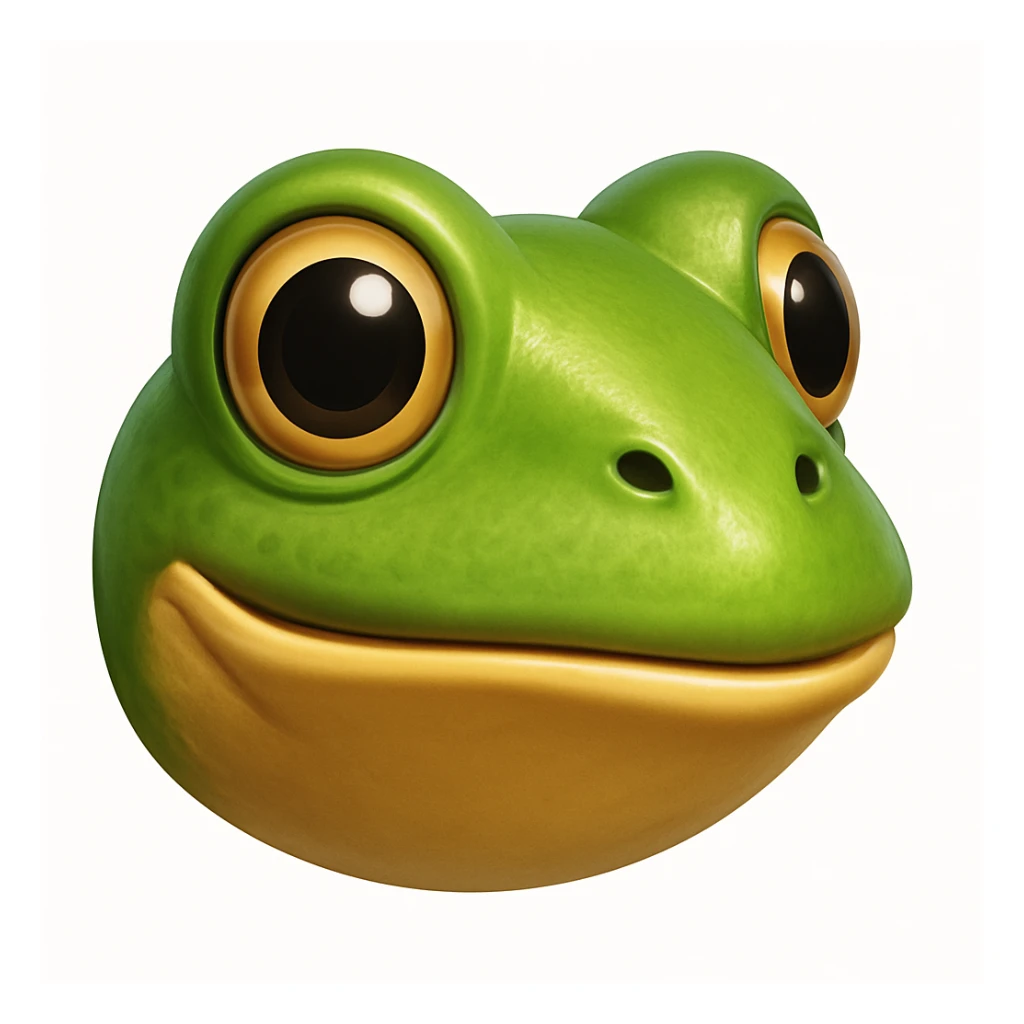 Create an emoji that looks exactly like the reference image in iOS emoji style. The emoji should have 3D appearance, shiny surface, smooth gradients, soft shadows, and a realistic green frog head with a classic emoji look. sticker