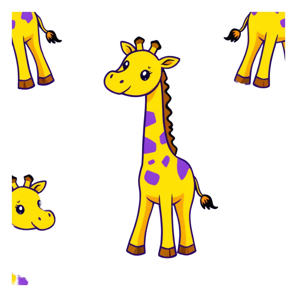 joyful cartoon giraffe dancing on hind legs, front hooves raised, big toothy smile, stars in eyes, bright yellow and brown, thick black outlines sticker