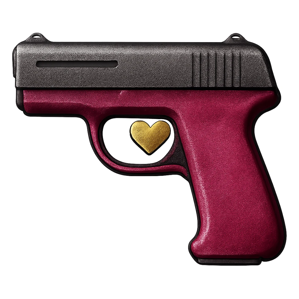 Make this stylized pink pistol with a heart-shaped trigger look more realistic with metallic textures and realistic lighting, keeping the background transparent. sticker