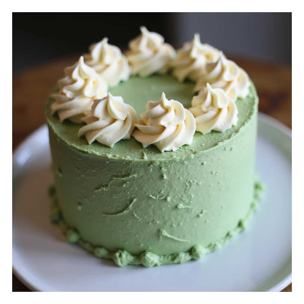 realistic round cake with matcha frosting and white chocolate curls, photorealistic style sticker