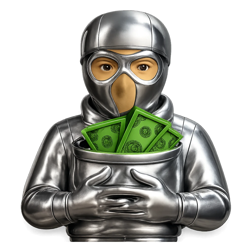 Edit the image to have a light tan face and green money, keep everything else in chrome 3D metallic style, no background. sticker