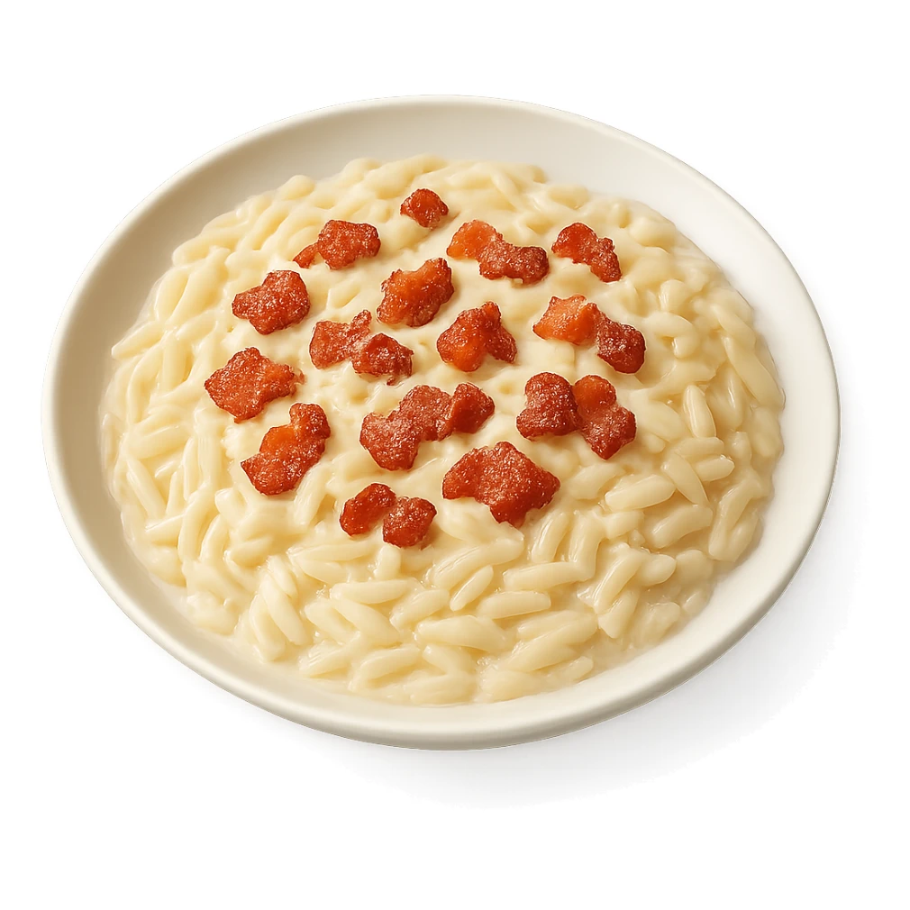 A plate of risoni, topped with small pieces of bacon with cream sticker