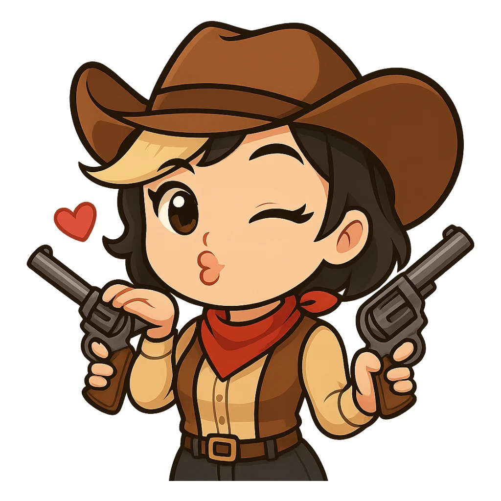 Edit the chibi cowgirl to have eyes matching the style of the new reference image: large, brown, and with a more classic anime shine. Keep the pose, winking and blowing a kiss expression, outfit, right gun, and all other details unchanged. Transparent background, sized for Twitch or Discord use. sticker