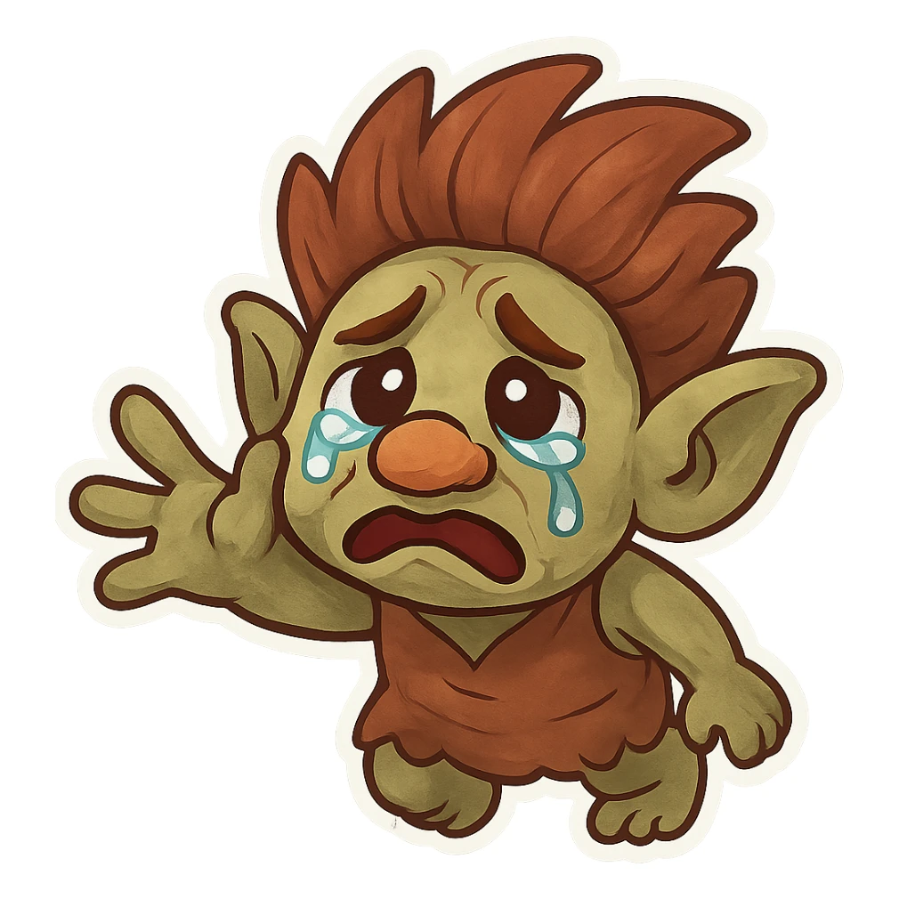 animated emoji of a troll reaching out for help, sad face, exaggerated features, fun and friendly sticker