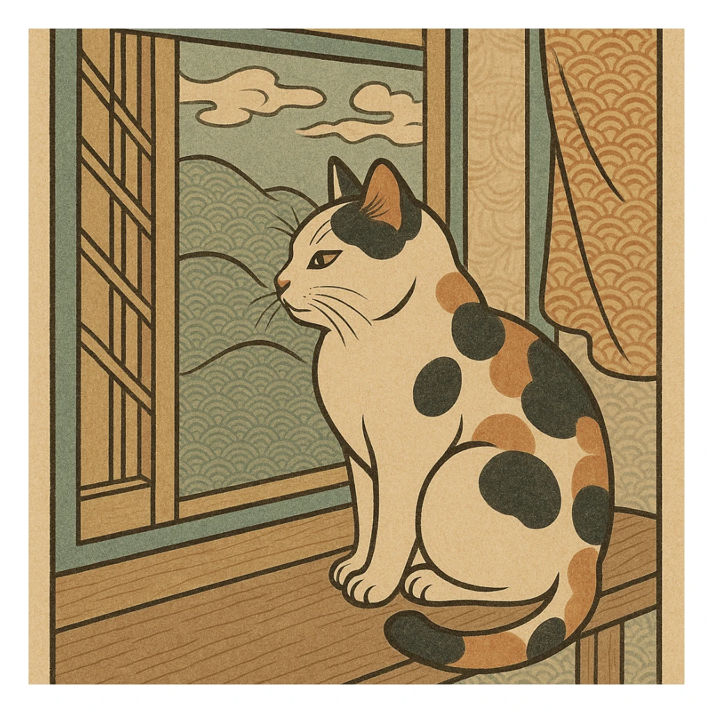 ukiyo-e style illustration of a cat sitting on a windowsill sticker