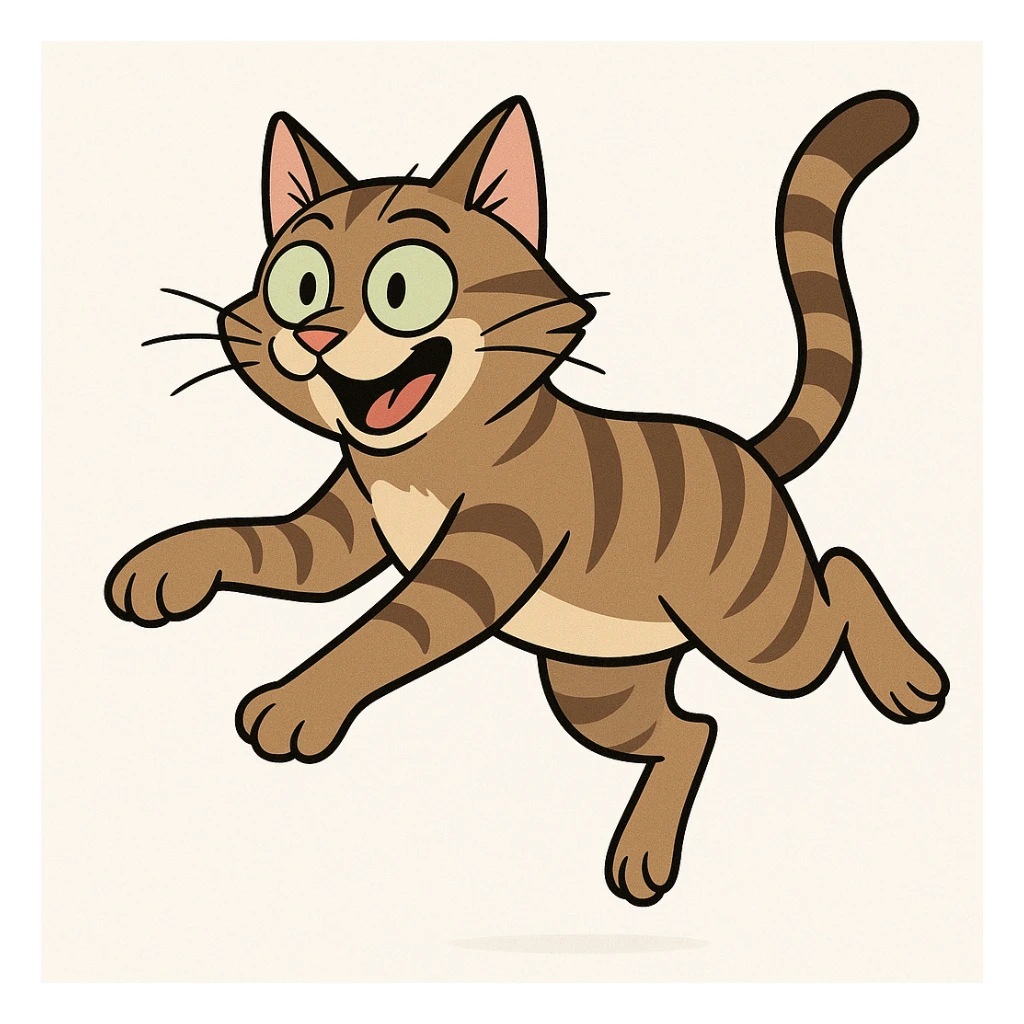 jumping european shorthair cat, cartoon style, playful expression, white background sticker