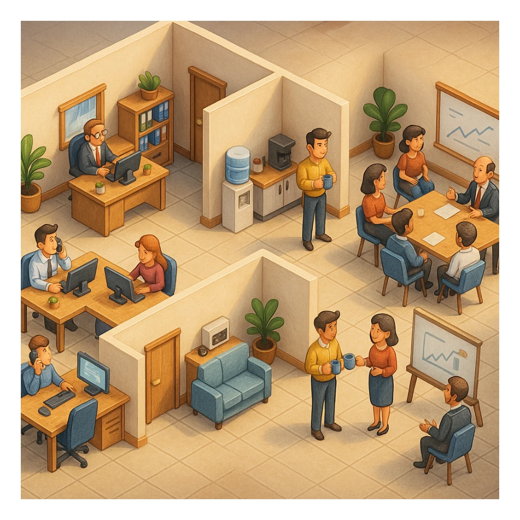В слегка рисованном, но при этом ярком и объемном стиле - четкую, изометрическую 3D-сцену в мультяшном стиле с видом сверху под углом 45°, изображающую офис кабинетами, open space и другими характерными местами. В офисе работают люди - кто-то говорит по телефону, работает за компьютером, другие пьют кофе, сидят на общем собрании, переговори. Используйте мягкие, изысканные текстуры с реалистичными PBR-материалами и мягким, реалистичным освещением и тенями, не обрезать картинку краями кадра sticker