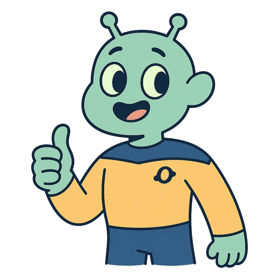 cheerful alien giving thumbs up in a crew uniform, pastel toon cartoon style sticker