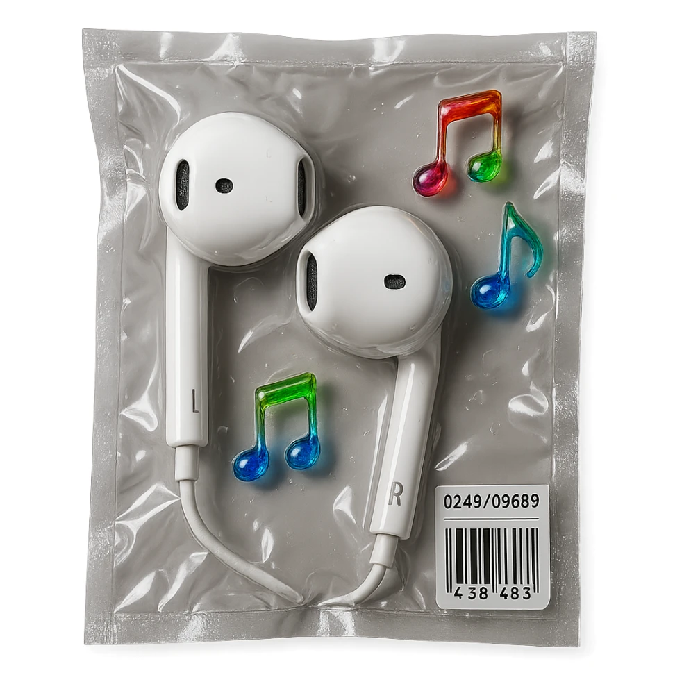 pair of white EarPods with three small rainbow glass music notes floating nearby, shiny and inflated sticker