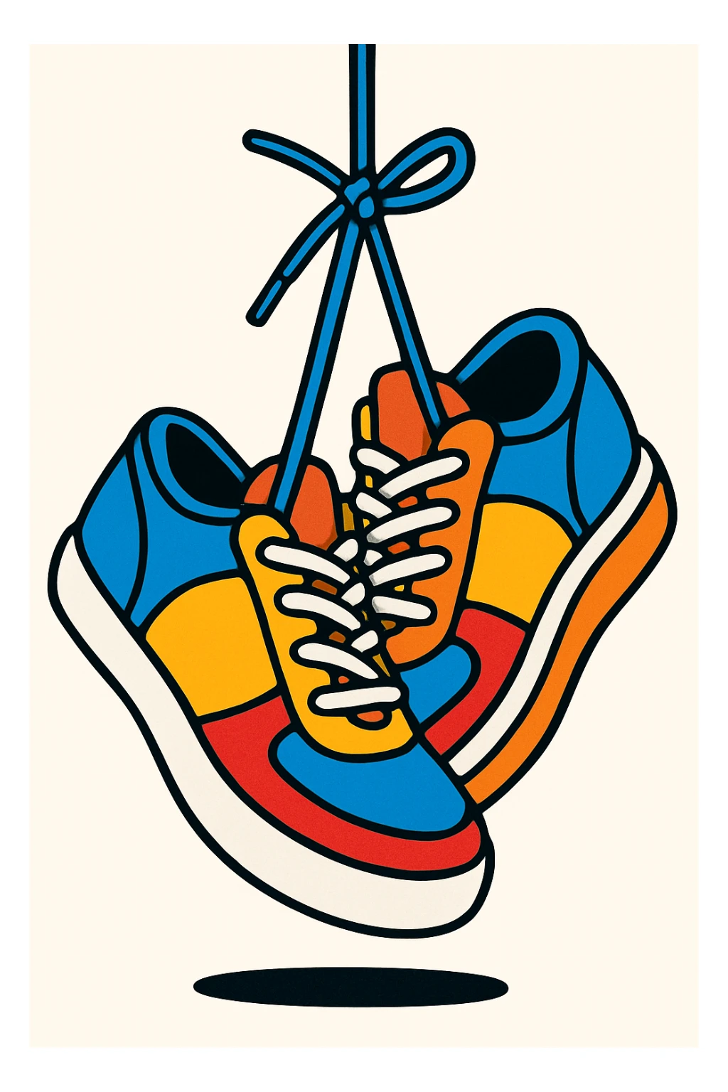 playful cartoon style sneakers hanging on laces, colorful, white background sticker