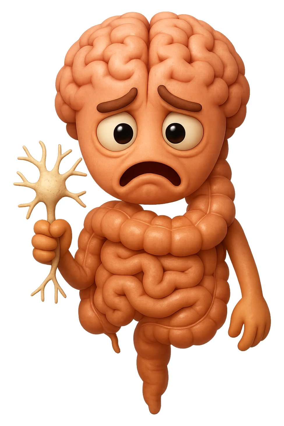 EMOJI STILE IPHONE DI UN INTESTINO collegato verticalmente ad un cervello mentre tiene in mano un neurone, espressione stressata, IPERREALISTICO 4K sticker