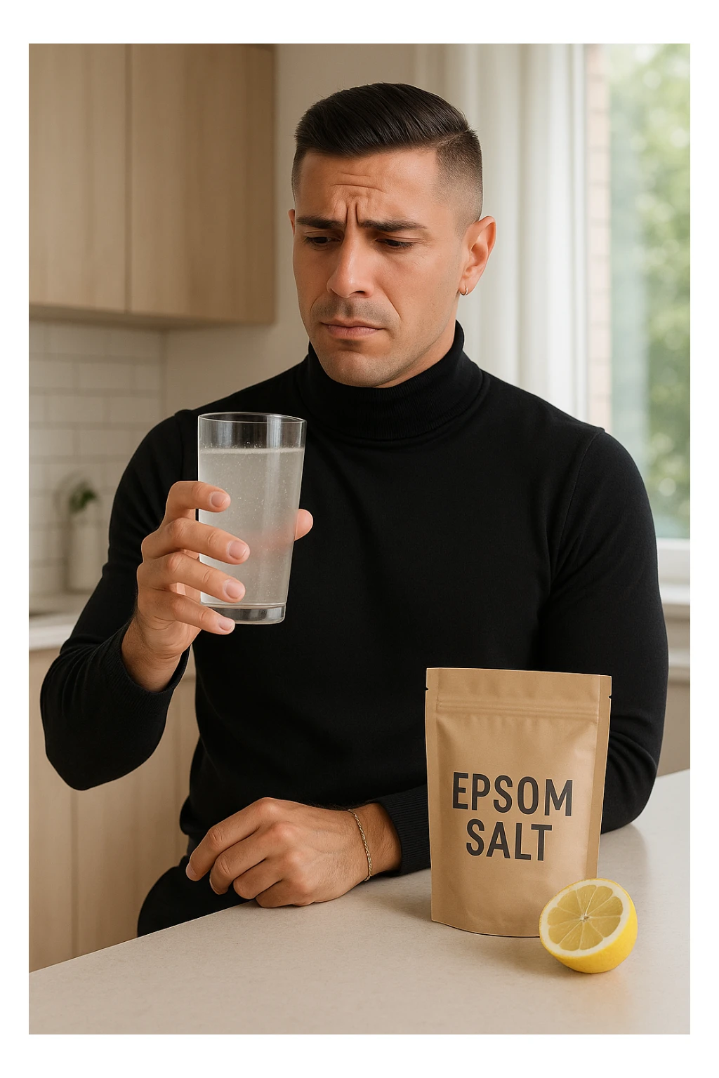 A realistic, bright photo-style image of a young man in his 30s standing in his kitchen, holding a clear glass filled with water in which Epsom salt (magnesium sulfate) has been dissolved. He looks focused but slightly uncertain as he prepares to drink it for a liver flush or digestive cleanse. The glass shows slight cloudiness from the dissolved salt. On the counter are a packet labeled 'Epsom Salt' and a sliced lemon, suggesting he might use it to mask the taste. The setting is clean, natural, and bright with neutral tones. The background shows sunlight streaming through a window, emphasizing a clean, minimalist health-focused environment. The mood conveys a realistic, calm moment of self-care with a hint of discomfort, illustrating a natural detox practice sticker