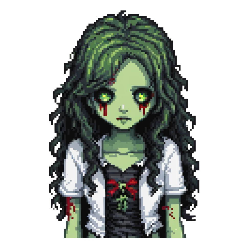 girl zombie with black long curly hair, emo style sticker