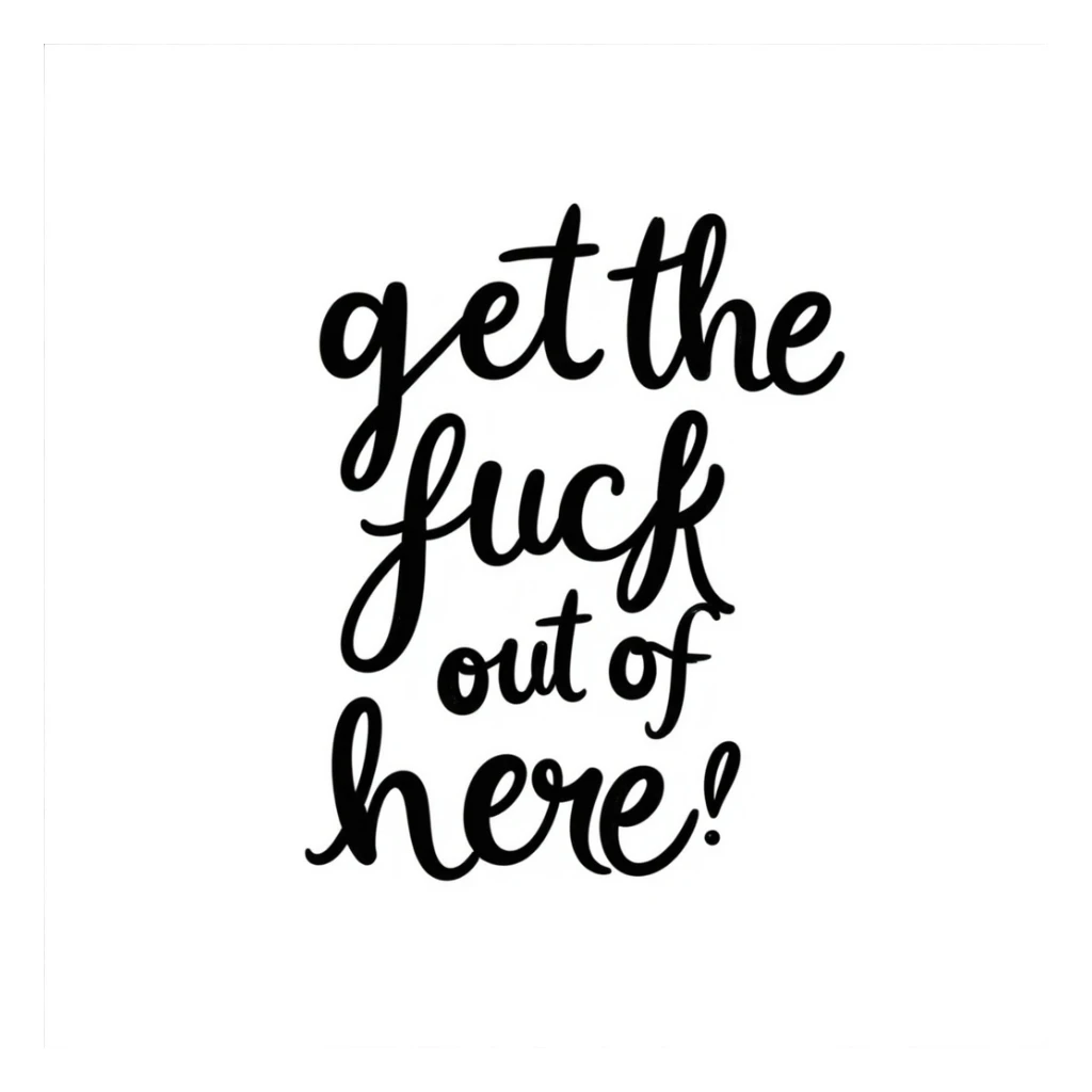 the phrase 'get the fuck out of here' in bold, expressive hand-drawn lettering, energetic rebellious vibe, plain background, no offensive imagery sticker