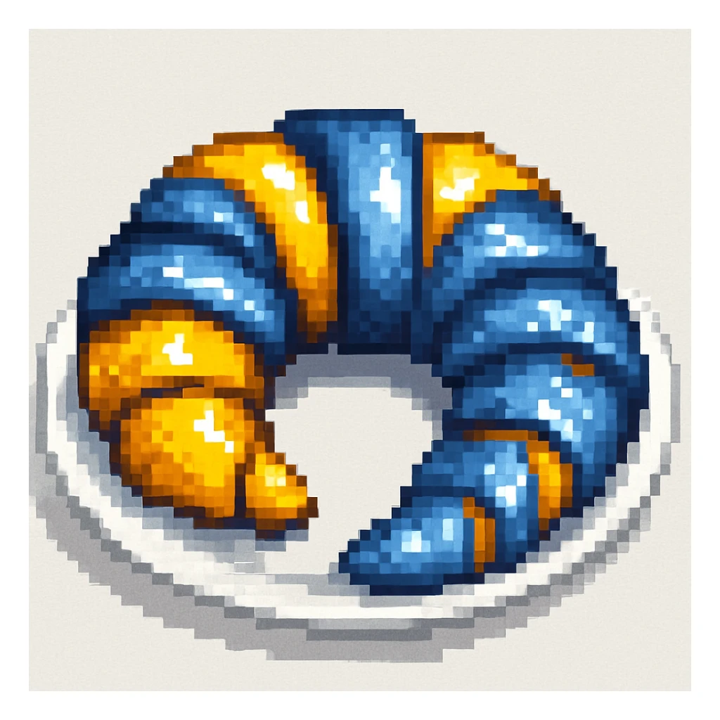 Put the blue Danish croissant on a white plate, keep the original pixel art style sticker