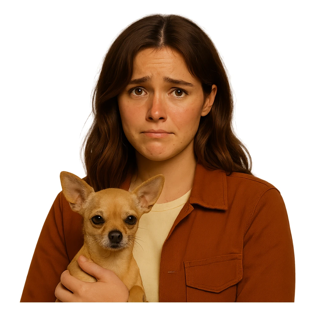 Centered portrait for Instagram profile picture inspired by the facial features visible in the reference images. Tanned complexion with subtle freckles, wearing a shirt colored #FFF8CA and a rust-colored jacket. Medium-length brown hair with auburn highlights. Expression is embarrassed and shy. Holding a beige-brown chihuahua. Style inspired by a Netflix series, intimate Tenerife ambiance, transparent background. sticker