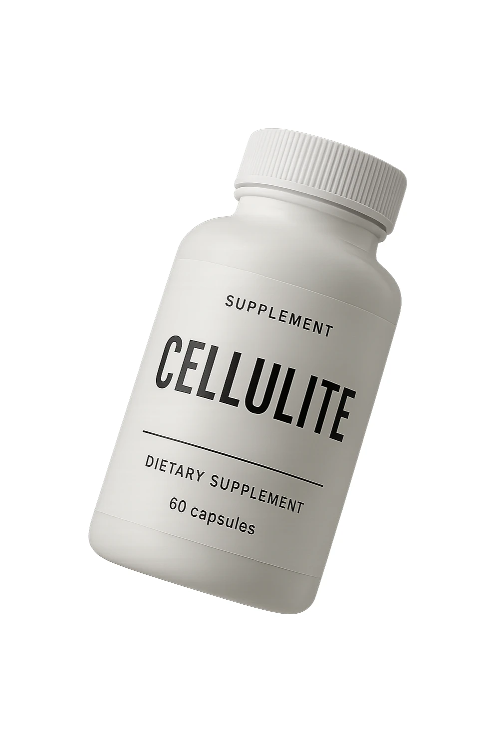 UNA BOCCETTA DI INTEGRATORE BIANCA CON LA SCRITTA "CELLULITE" SULL'ETICHETTA CHE FLUTTUA IN ARIA, IPERREALISTICA 4K sticker