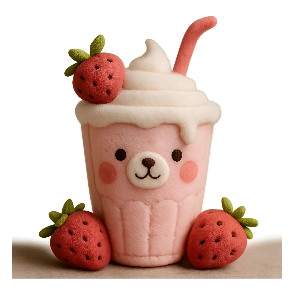 Remove the cherry blossom flowers, keep the 3D iOS style strawberry milkshake cup with a straw, bear character peeking out, two strawberries with green leaves, pastel palette, soft shadows, minimal design, with no background. sticker