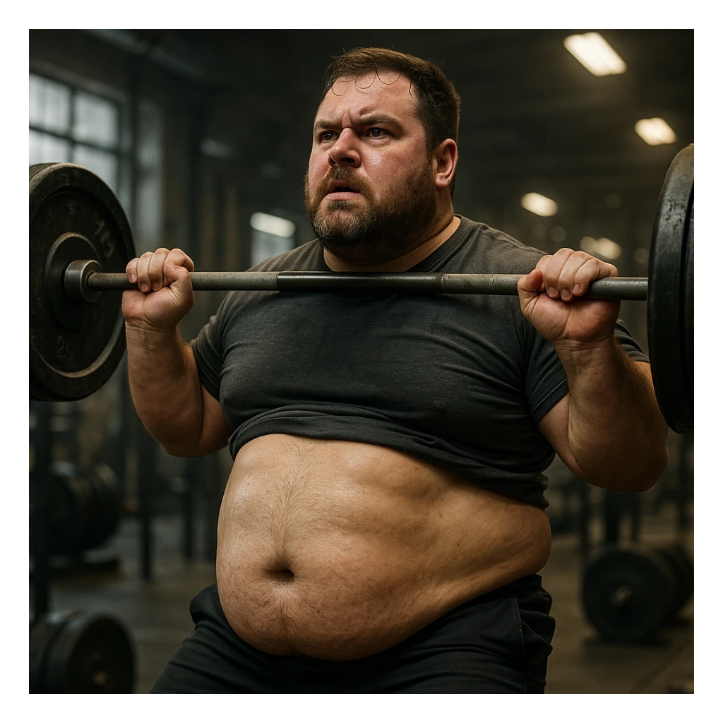 hyper realistic 4K image of a man training with weights, abdomen with stubborn belly fat, gym details, intense atmosphere sticker