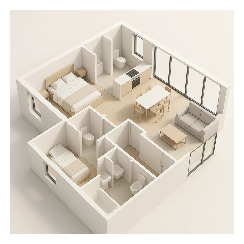 3D floor plan in minimalist style, three bedrooms, two bathrooms, open space kitchen and living room, storage room, large windows, light colors, immersive perspective view, clean architectural details sticker