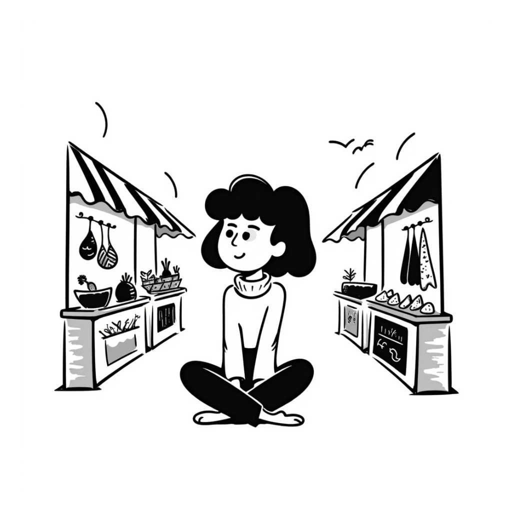 girl sitting on the marketplace, black doodle style sticker