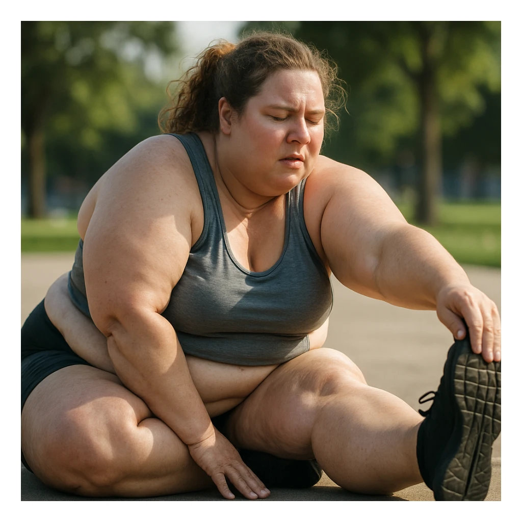 overweight woman stretching, stubborn fat on legs and thighs, hyper realistic 4K style, muscle details, natural light sticker