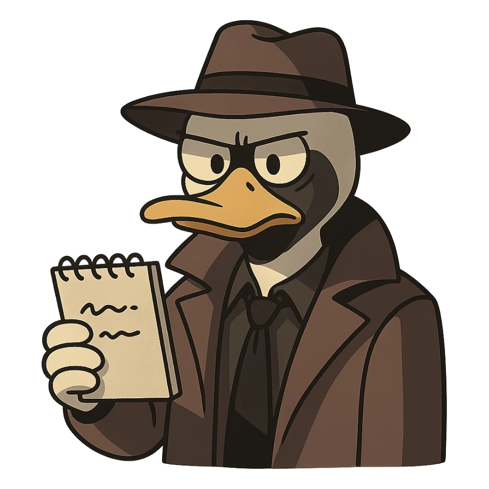duck detective with classic noir look shadowy lighting serious expression holding a notepad sticker