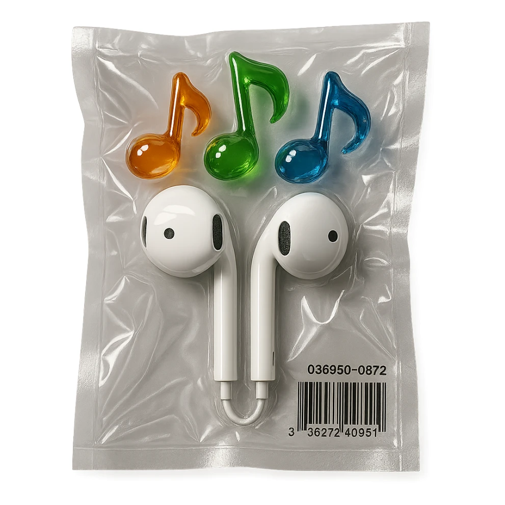 pair of white EarPods with three distinct colorful glass music notes floating above, glossy and puffy sticker