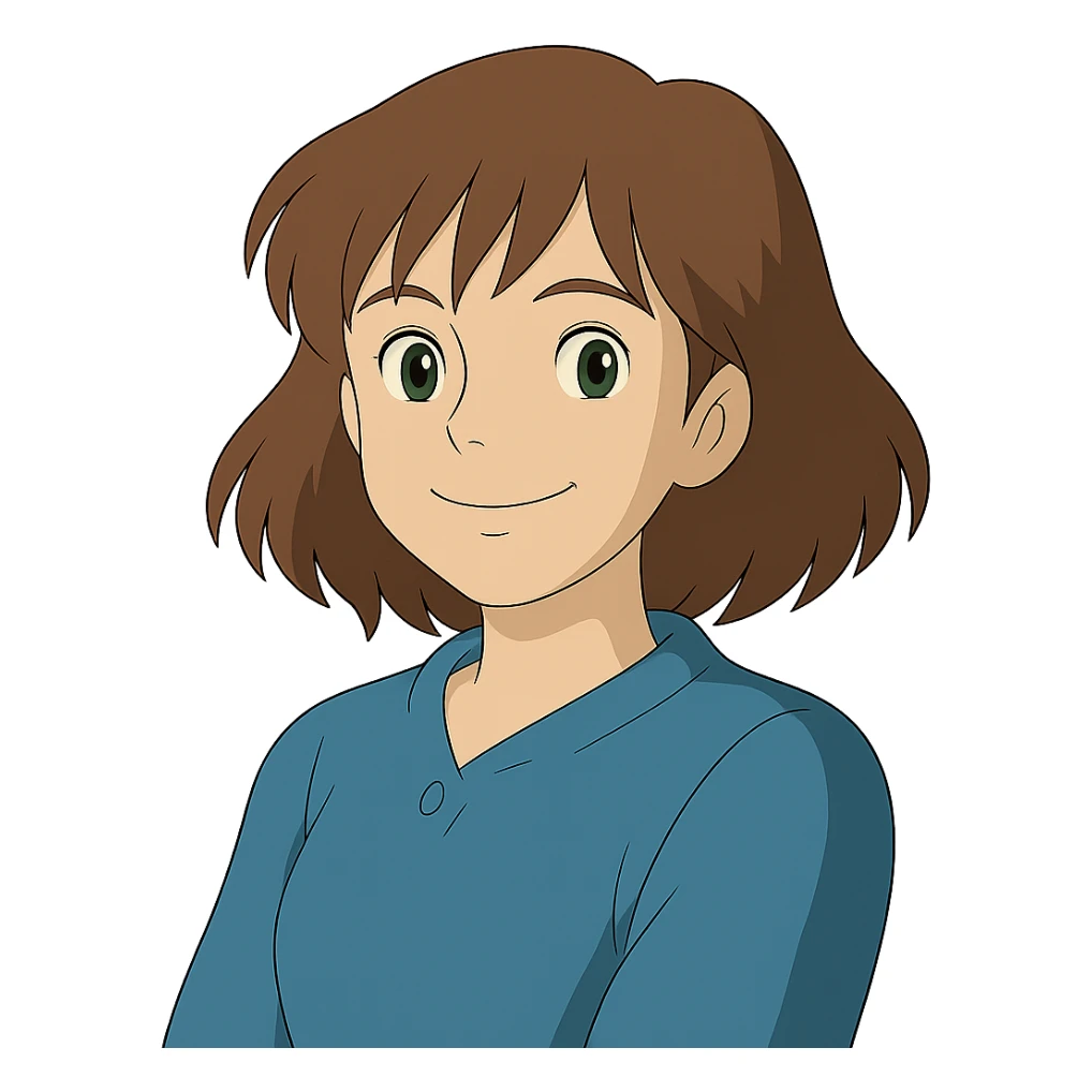 Make the woman smile in ghibli style, no background. sticker