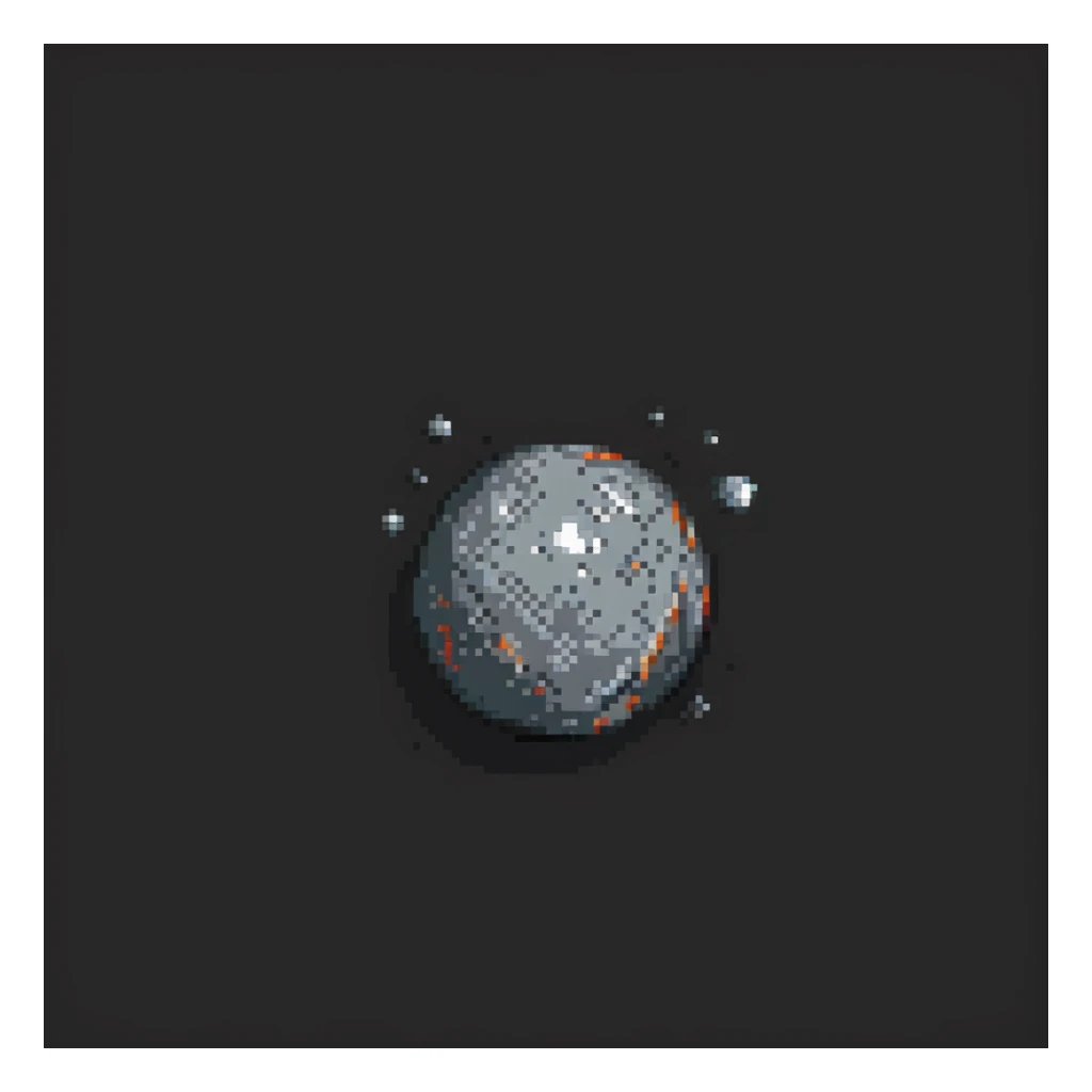 planet Mercury, round, rocky gray ball, covered in pitted marks and rough patches, pixel art style, small craters, black background sticker