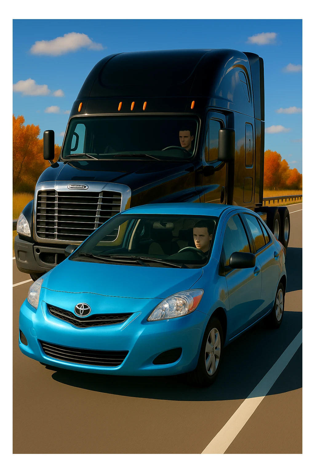 Remove the word 'move' from the car. Keep the scene bright and vibrant, featuring a black semi truck without a trailer and a person inside the car. Maintain the overall vibrant and bright atmosphere. sticker