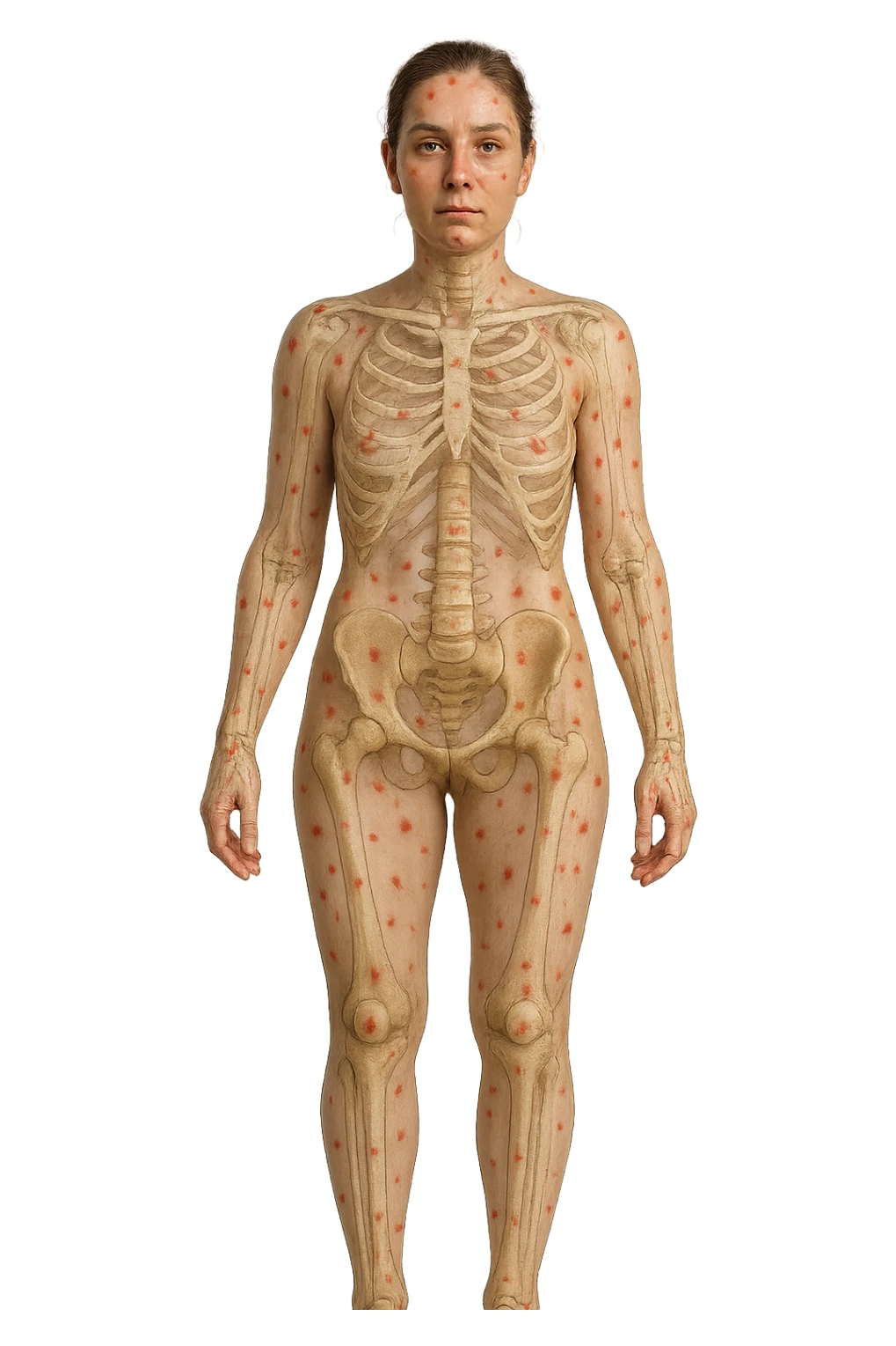 donna realistica a figura intera con red spot sparsi alle ossa, ossa del corpo visibili sul corpo, non sul volto iperrealistico 4k sticker