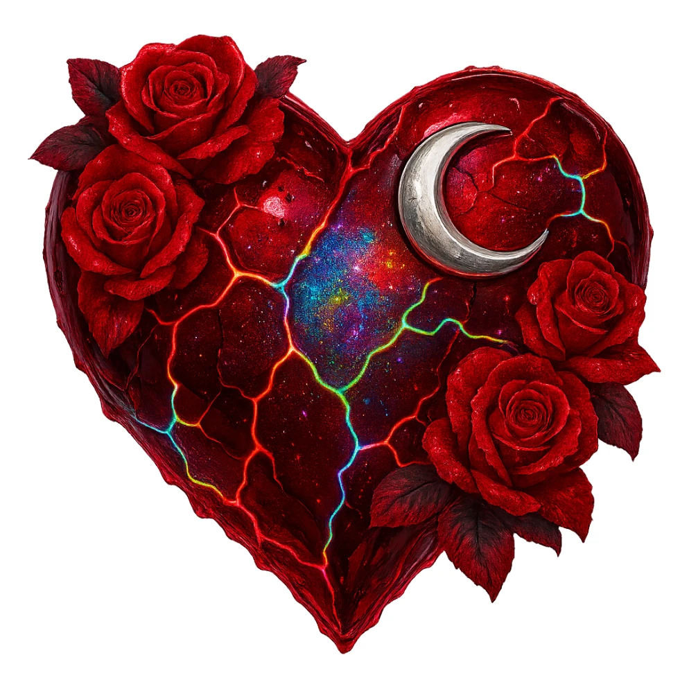 Edit the gothic heart to have cracked deep red glass, silver crescent moon, red roses, shimmering holographic stardust, neon lightning accents, and a glossy wet appearance. Keep the background transparent. The style should maintain the gothic heart's original look with transparent background. sticker