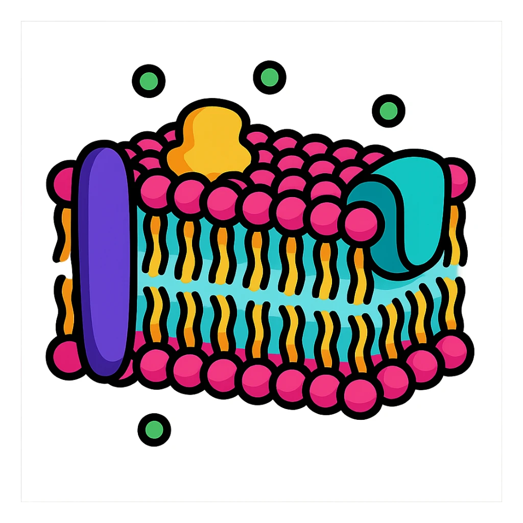 stylized biomembrane, double phospholipid layer with embedded proteins, vibrant cartoon style sticker