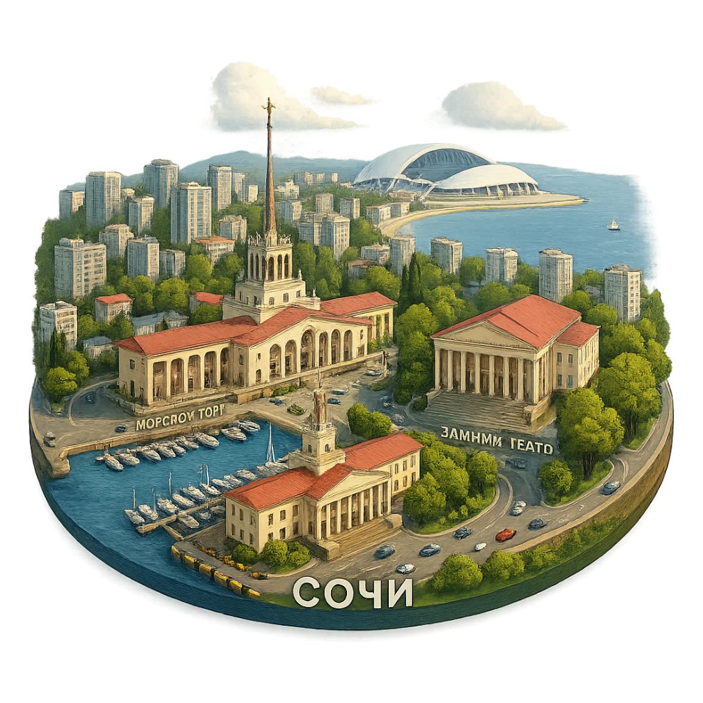 Изометричная, яркая, детализированная и фотореалистичная иллюстрация панорамы города Cочи на круглой подставке в стиле 3D-коллажей городов, здание Морского Порта, Зимний театр, стадион Фишт, море чёткие линии, слегка мультяшная стилистика, прозрачный фон, не обрезать края картинки sticker