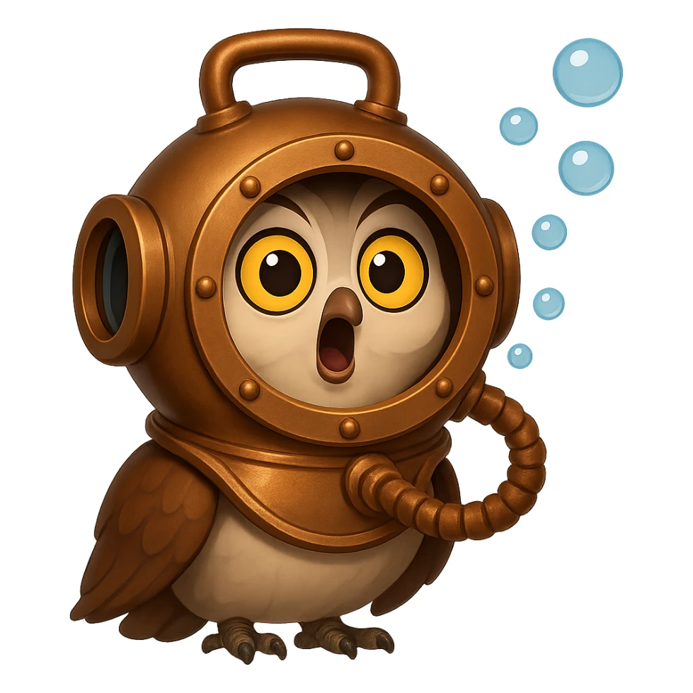 В стилистике эмоджи сгенерируй сову, которая удивленная в старом медном акваланге, их рта идут пузырьки, прозрачный фон sticker