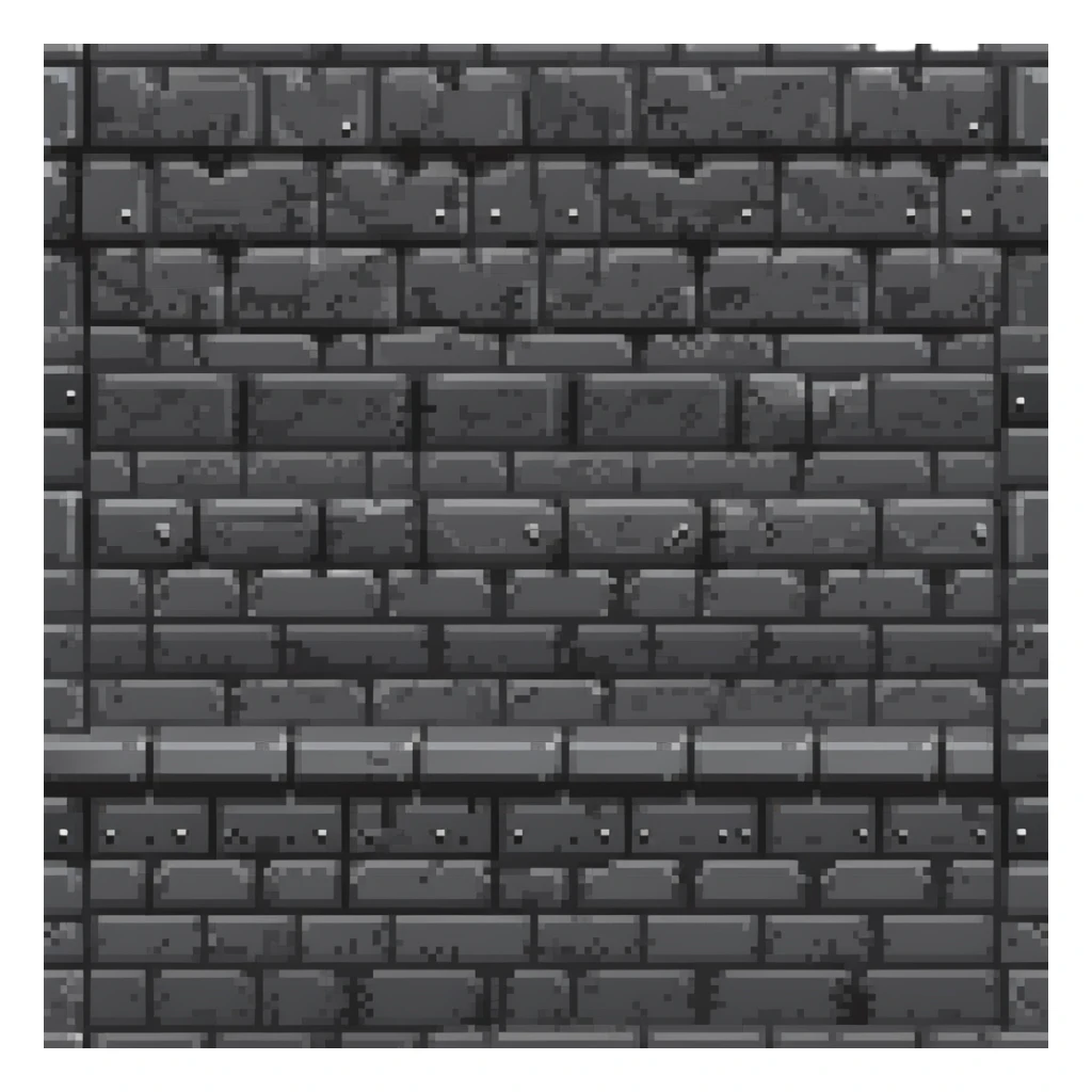 solid metal stone block wall with rivets and industrial details, very dark gray with subtle metallic highlights, 32x32 game asset background, darker version sticker