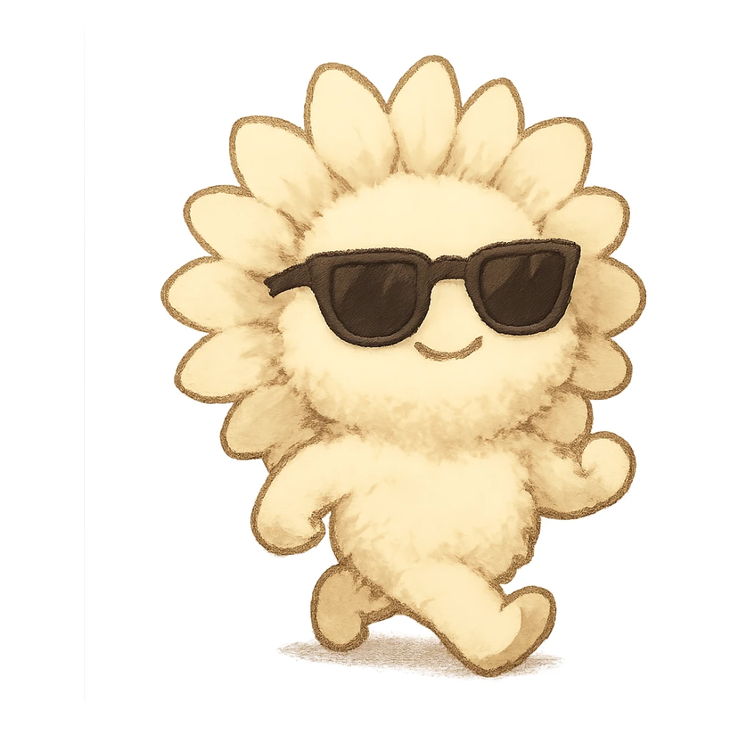 chibi fluffy sunflower, creamy yellow, with sunglasses, strutting with confidence, full body sticker