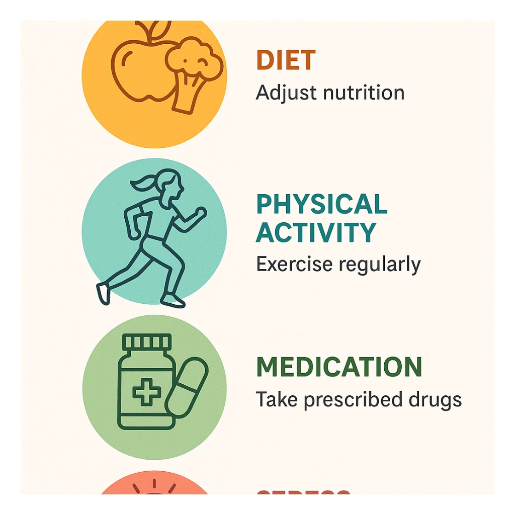 vertical infographic: steps to achieve hormonal balance in PCOS (diet, physical activity, medication, stress management), coordinated icons and colors, modern style, light background sticker