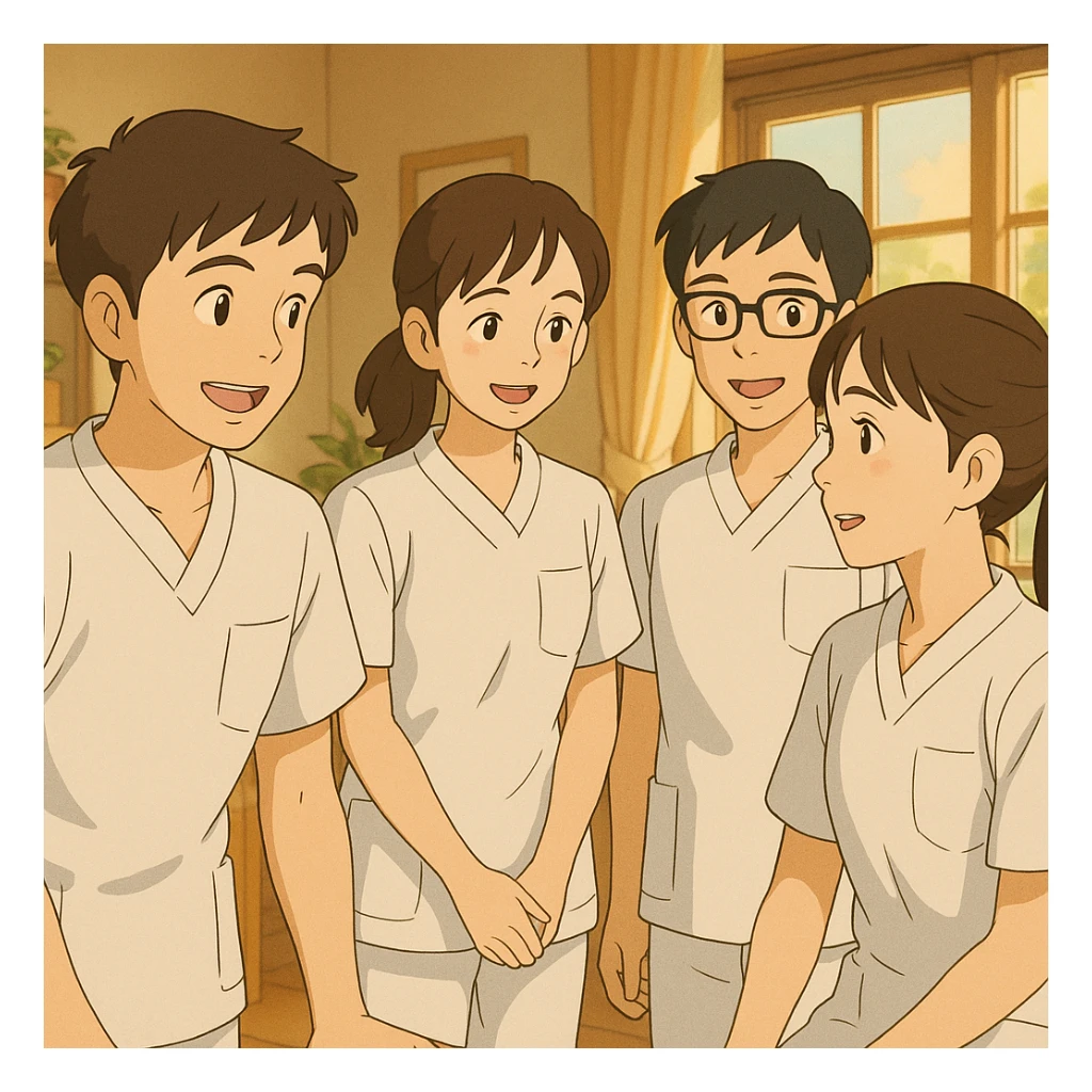 Quatre étudiants infirmiers, style Ghibli, en interaction dans un environnement intérieur. Uniformes blancs à manches courtes, tuniques col en V, poche poitrine à gauche, avant-bras nus, pas de pied de col ni stéthoscopes, cheveux longs attachés pour celles qui en ont. Visages inspirés des quatre photos jointes. sticker