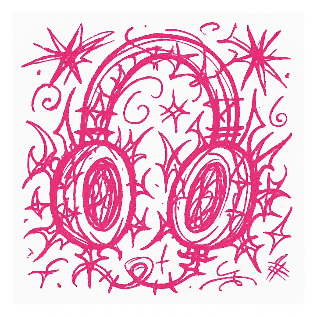 pink gothic headphones with wild gothic shapes and expressive lines, chaotic doodle style sticker