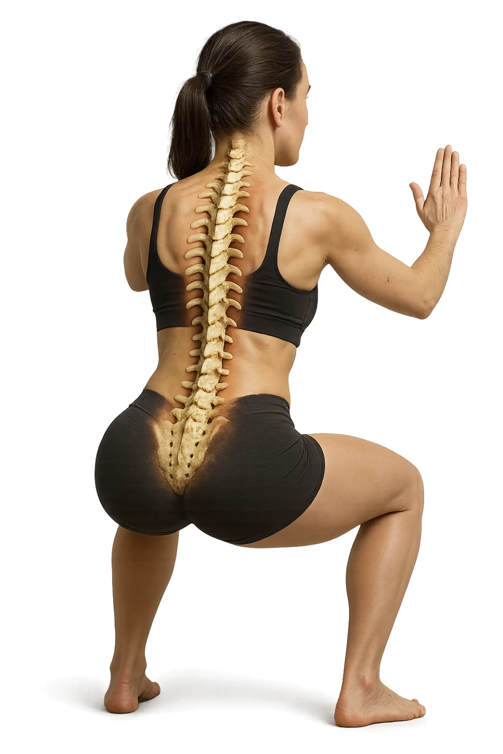 donna di spalle che fa squat con spina dorsale anatomica in evidenza, iperrealistica 4k sticker