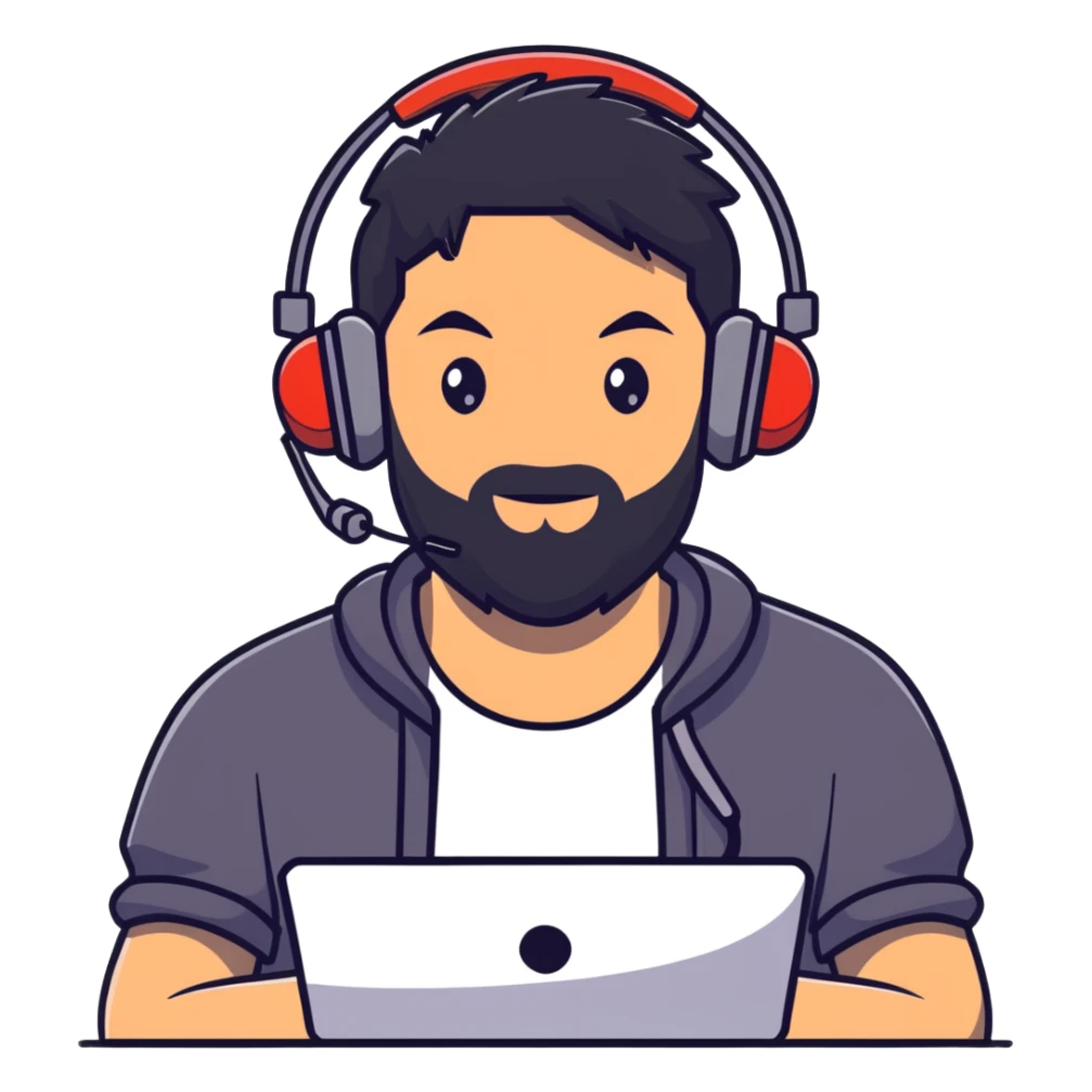 laughing man with black hair, brown eyes, black beard wearing gaming headset sticker